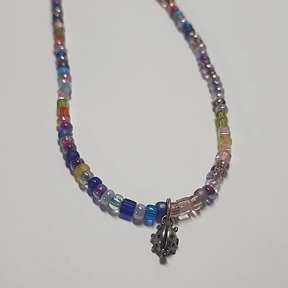 Beaded Necklace Multi Colored Beads Ladybug Charm Pendant 925 Clasp
